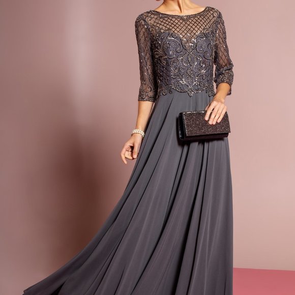 NEW CHARCOAL GRAY MOTHER OF BRIDE  Illusion Sweetheart Neck A-Line Dress GL2686 - Picture 6 of 7